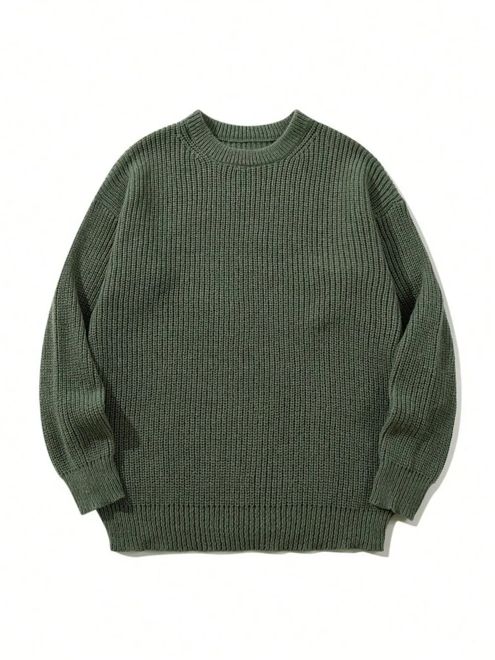 Olive Green Casual Men's Loose Fit Round Neck Long Sleeve Pullover Sweater
